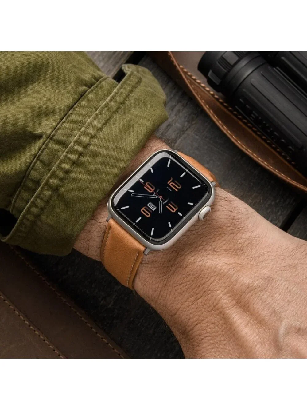 Men's Camel Tan/Natural Thread, Matte Silver Hardware Leather Straps Apple Watch